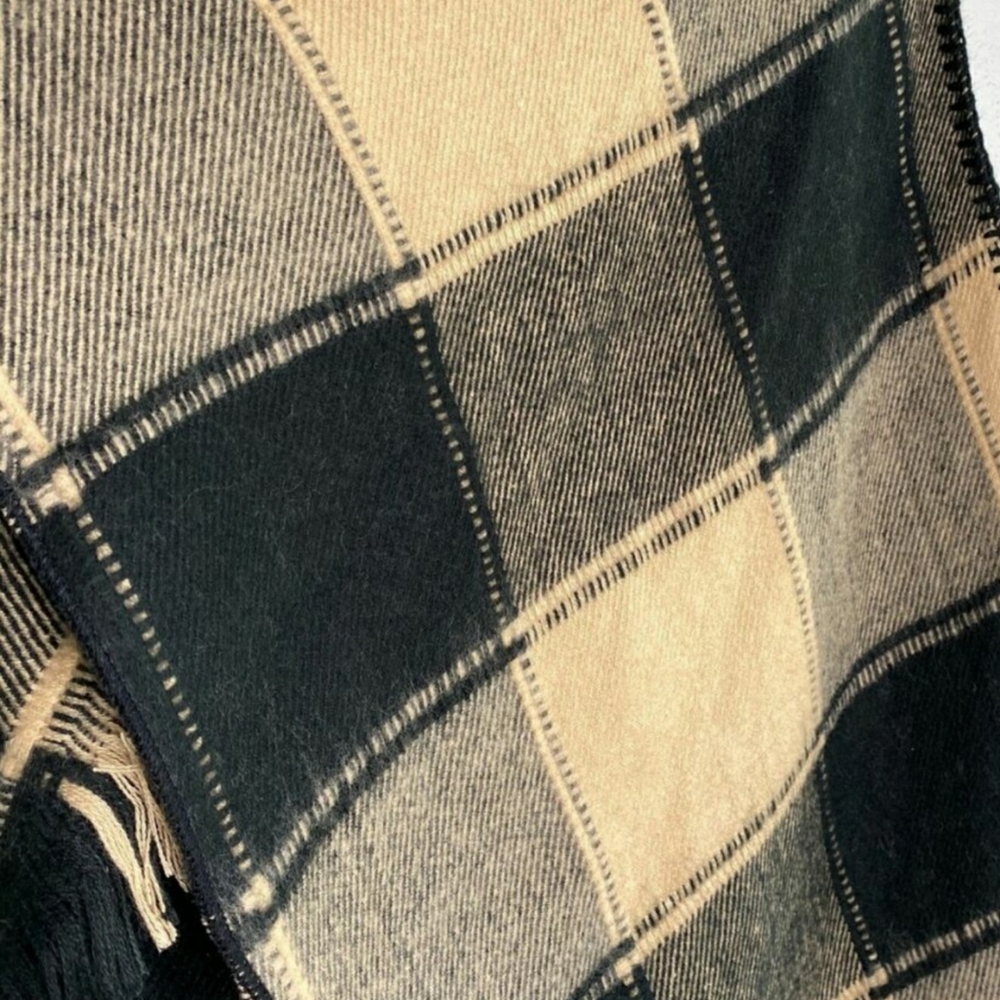 One size, sleeveless, brown hem fringe, open drape front, plaid, vest, cardigan - Picture 3 of 6